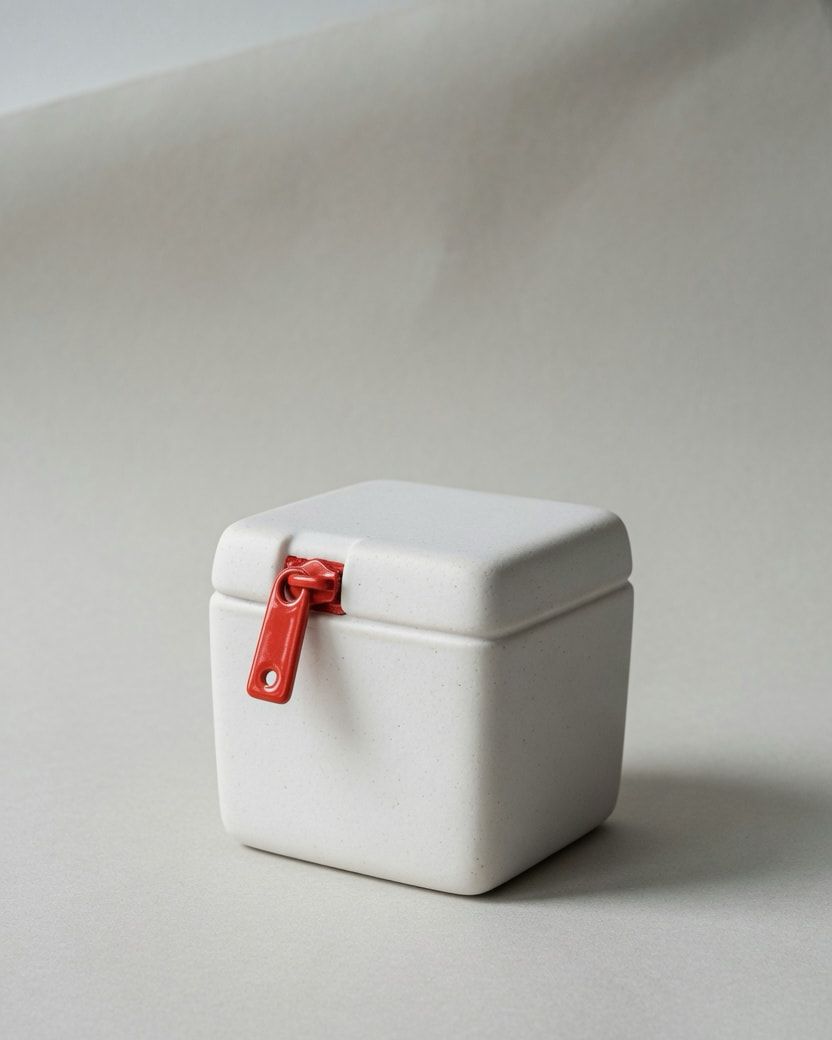 Studio photograph of a white porcelain delivery cube with a vermilion zipper pull.