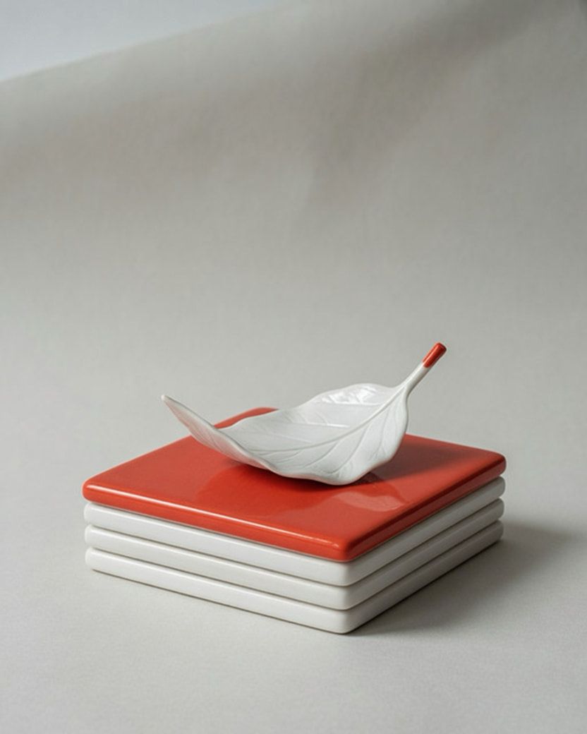 Studio photograph of a white porcelain leaf resting on a stack of thin tiles, the top tile vermilion.