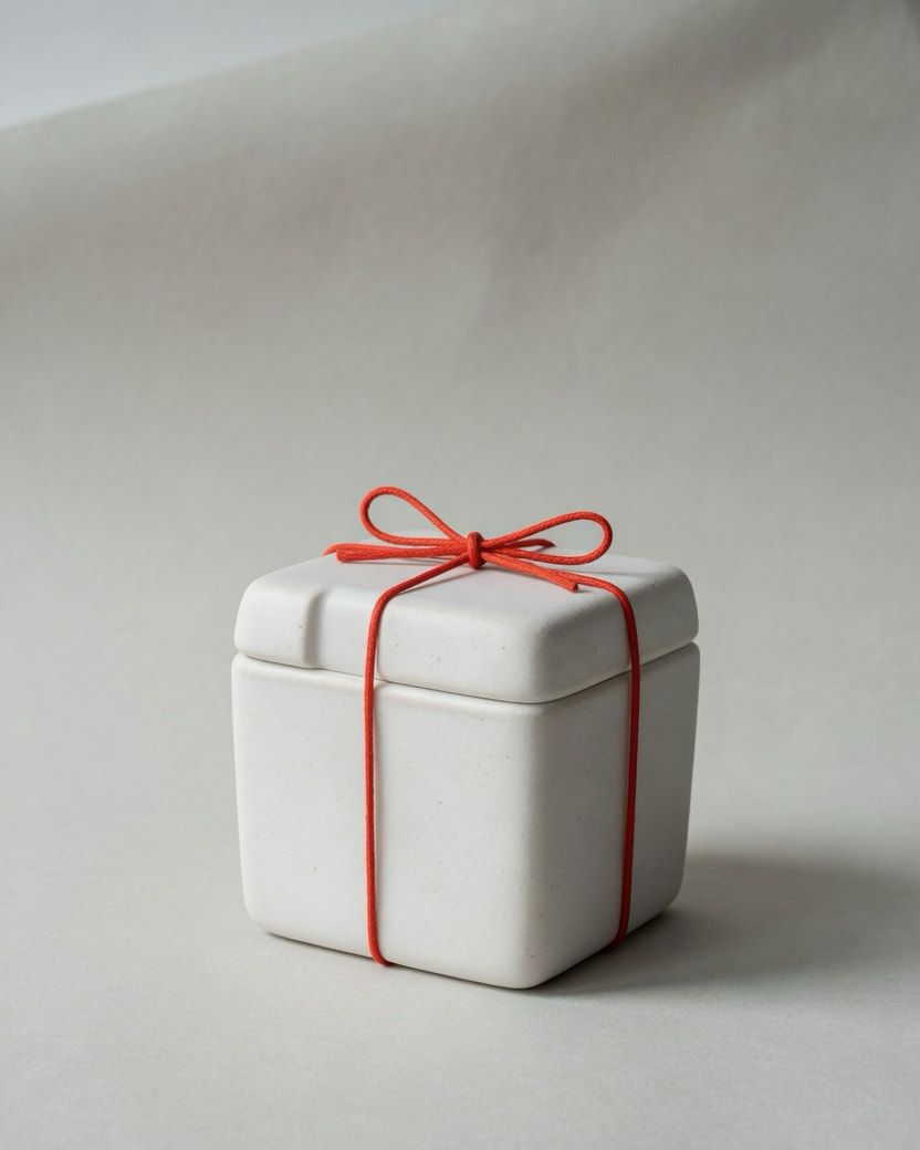 Studio photograph of a white porcelain parcel tied with vermilion string.