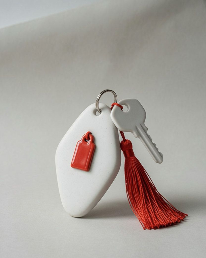 Studio photograph of a white porcelain hotel key and fob with a vermilion tassel.